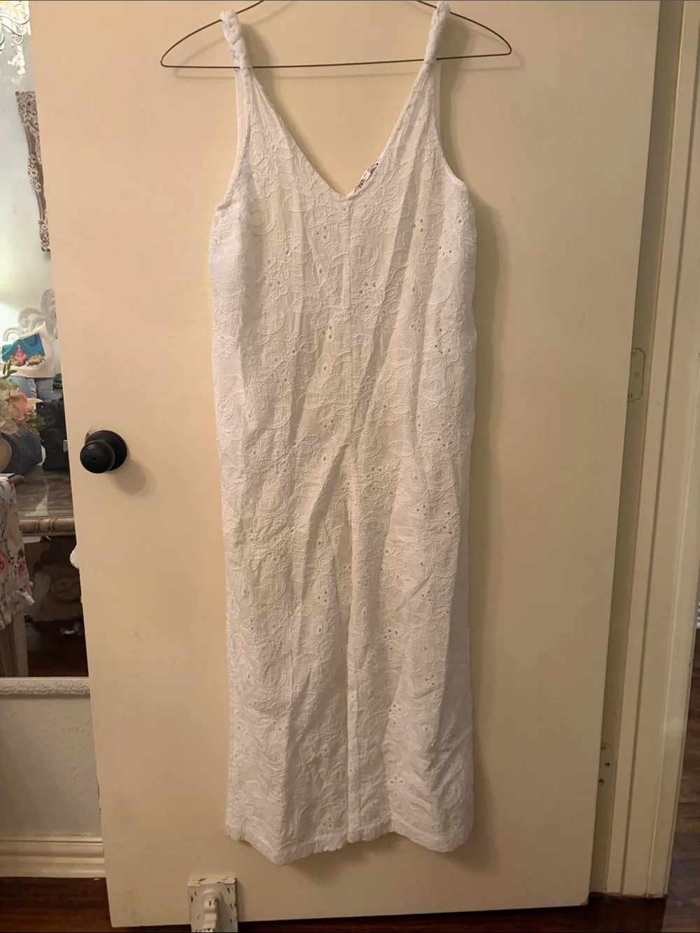 Zara White Eyelet Linen Blend Maxi Jumpsuit